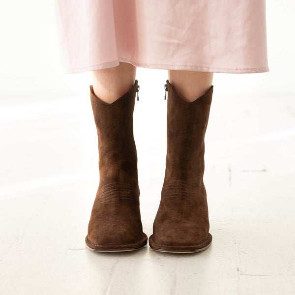 west boot brown chocolate suede block heel western square toe mid boot minimalist modern