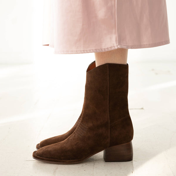 west boot brown chocolate suede block heel western square toe mid boot premium