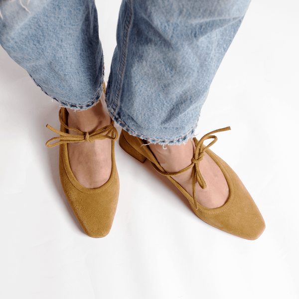 heeled ballet tan lace up bow heel in tan camel suede top view