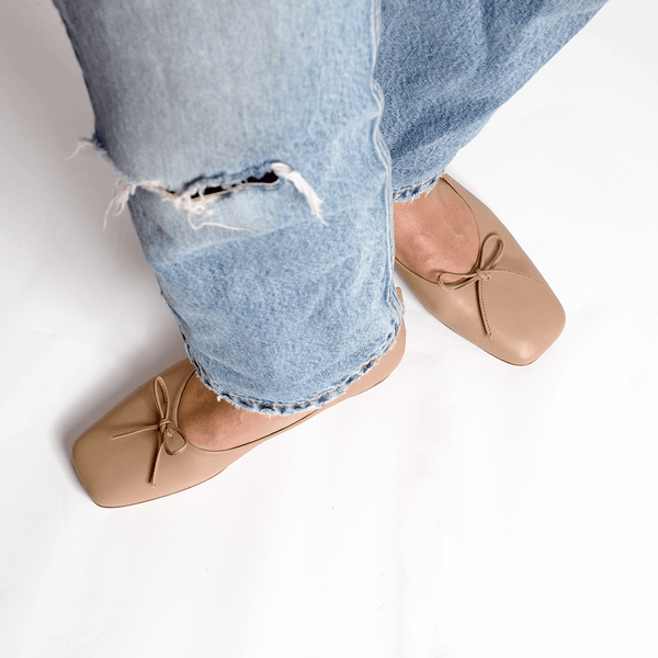 demi ballet flat clay nude leather comfy square toe wear to work top view on the foot