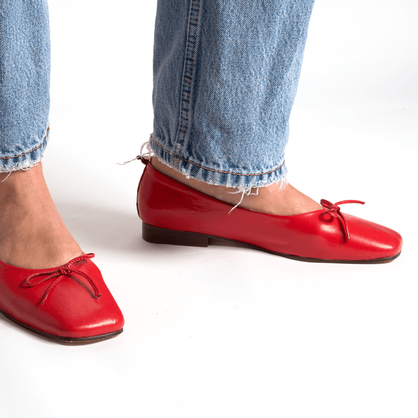 demi ballet flat red cherry comfy square toe with bow top view side view