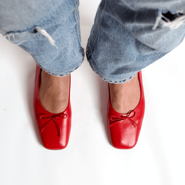 demi ballet flat red cherry comfy square toe with bow top view on foot bow detail
