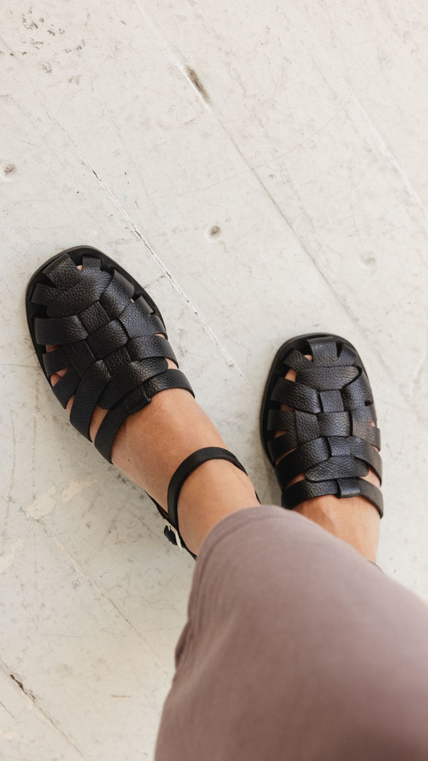 fisher low block heel leather ankle strap sandal black tumbled leather on the foot toe shape