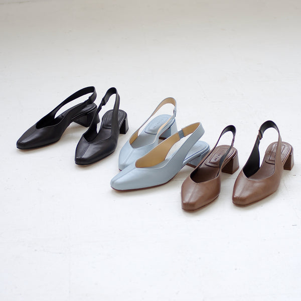 minimalist slingback block heeled pump in sky baby blue leather chocolate leather black