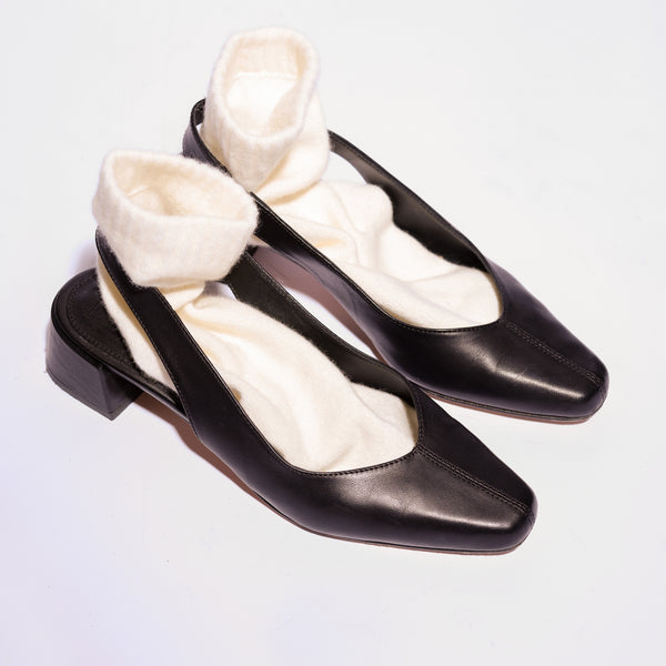 minimalist slingback block heeled pump in black italian leather white socks