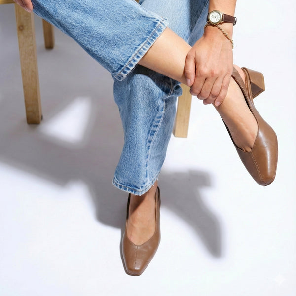 minimalist slingback block heeled pump in cacao leather dressy casual 90's heels