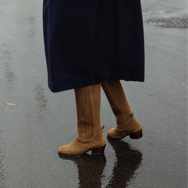 calf boot knee high tall polished italian full grain leather in tobacco tan suede 70's pull on