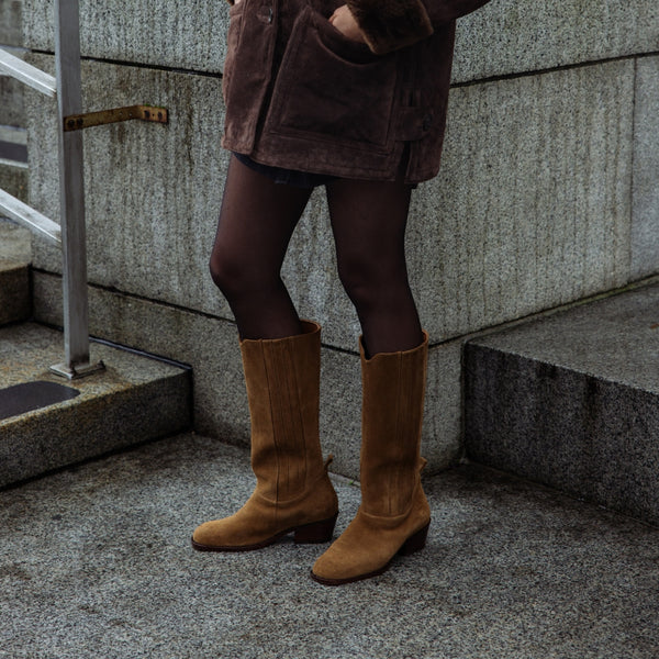 calf boot knee high tall polished italian full grain leather in tobacco tan suede comfortable