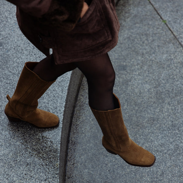 calf boot knee high tall polished italian full grain leather in tobacco tan suede fall spring winter summer