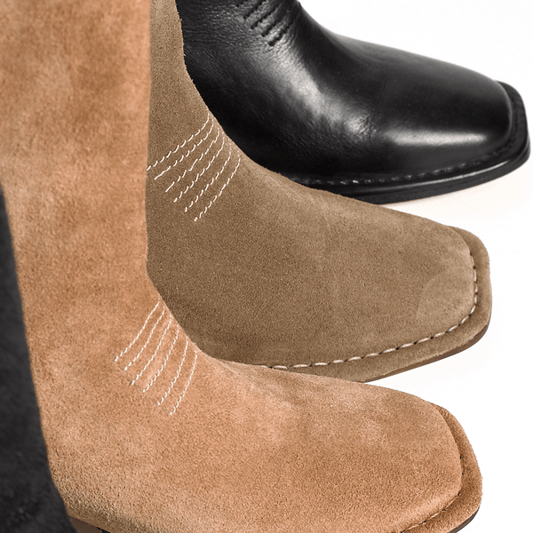 west boot tobacco tan suede side hand stitched welt and block heel
