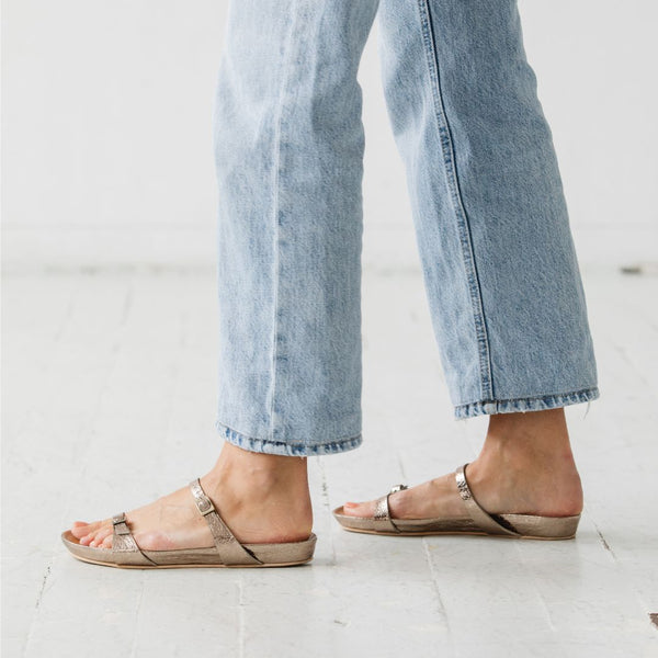Metallic cork footbed sandal minimalist two buckle strap slide side view