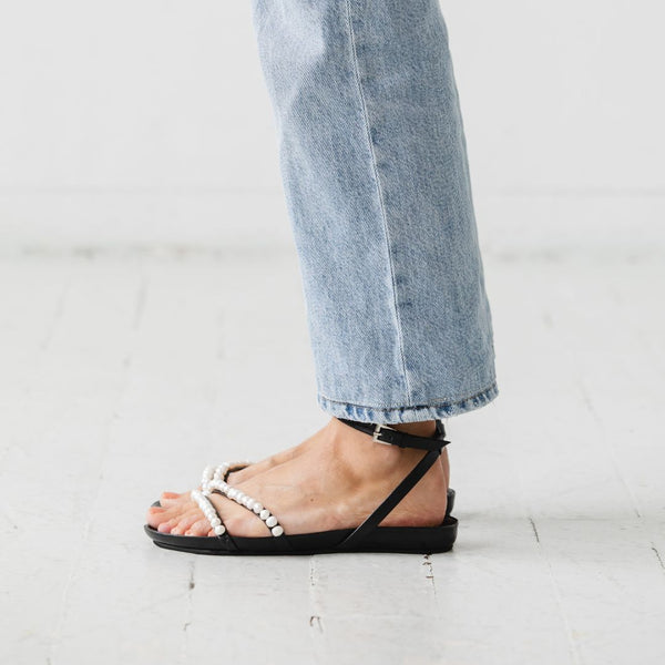 beaded footbed cork sandal with pearl beads black leather dress event side view square