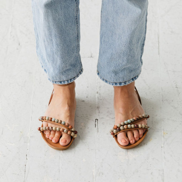 beaded footbed cork sandal with jasper beads in tan honey leather top view