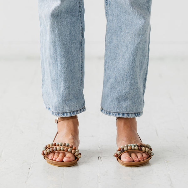 beaded footbed cork sandal with jasper beads in tan honey leather front view square