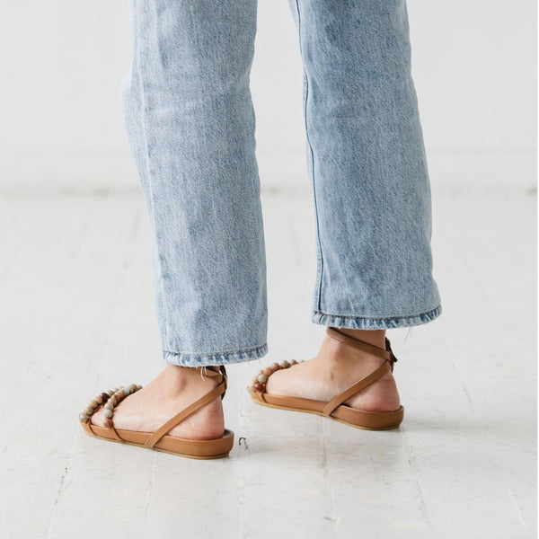 beaded footbed cork sandal with jasper beads in tan honey leather back view