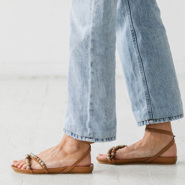 beaded footbed cork sandal with jasper beads in tan honey leather side view square