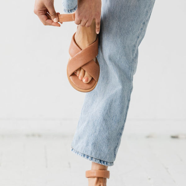 cloud sandal padded strap leather minimalist crossband sport sandal tan honey nude velcro strap