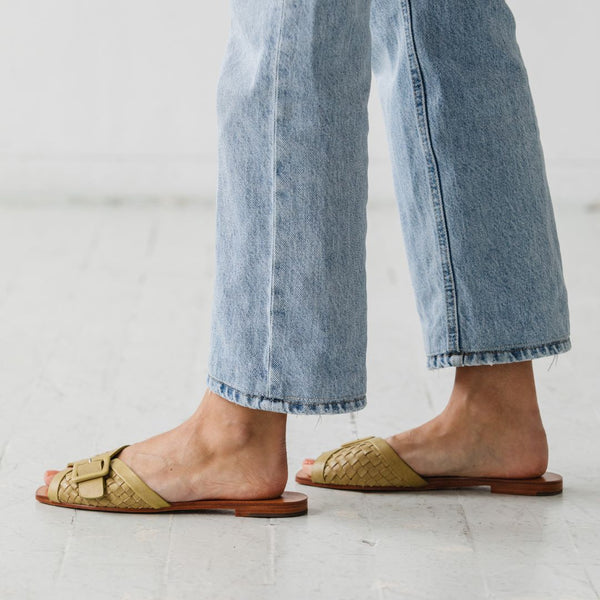 either or woven buckle slide sandal vintage handmade green side view on foot staggered