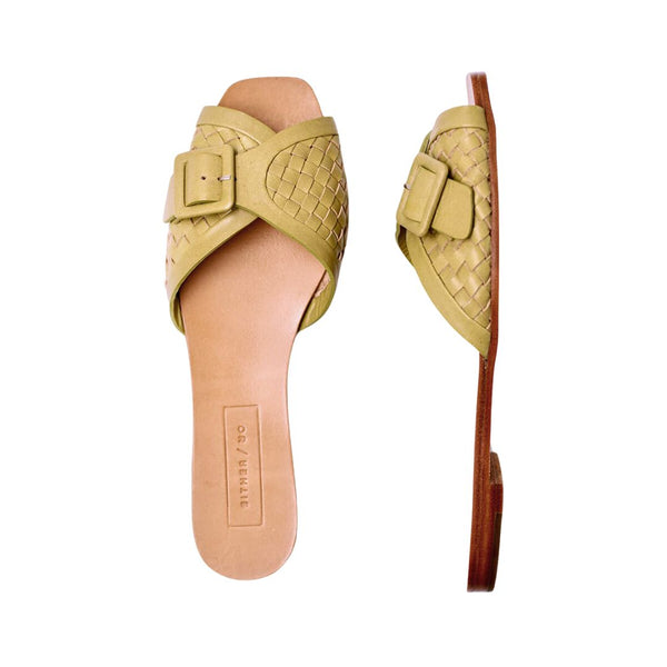 either or woven buckle slide sandal vintage handmade green top view