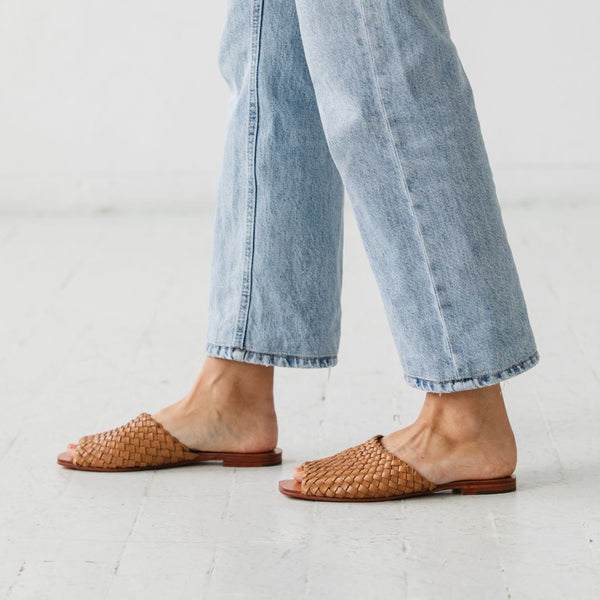 either or woven slide natural tan cognac honey leather handmade huarache slip on premium summer event beach wedding