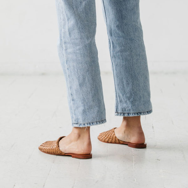 either or woven slide natural tan cognac honey leather handmade huarache slip on back view
