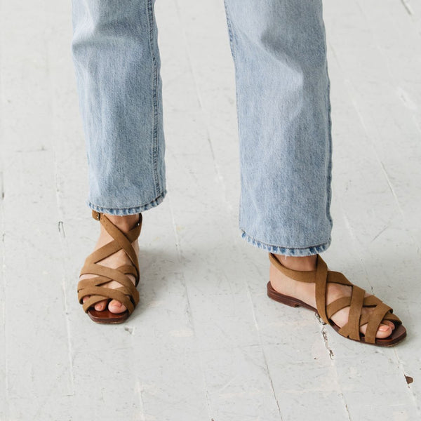 either or criss cross minimal slide sandal moss taupe suede casual dressy