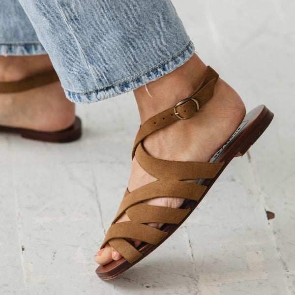 either or criss cross minimal slide sandal moss taupe suede 90's vintage