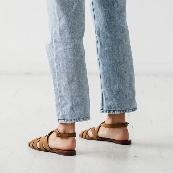 either or criss cross minimal slide sandal moss taupe suede back view