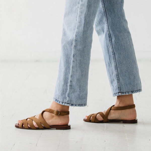 either or criss cross minimal slide sandal moss taupe suede ankle strap