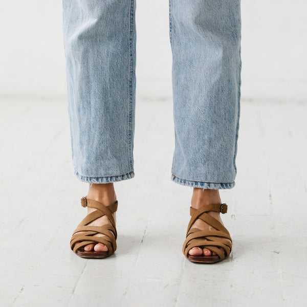 either or criss cross minimal slide sandal moss taupe suede front view on foot