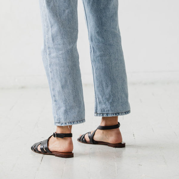either or criss cross minimal slide sandal black premium leather ethical brand