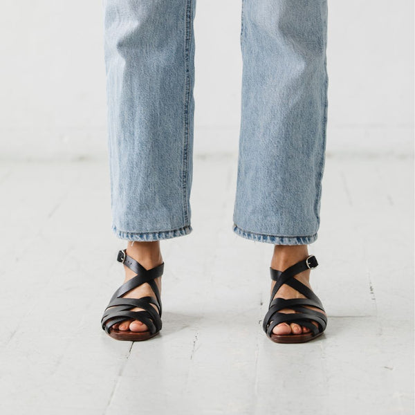 either or criss cross minimal slide sandal black premium leather front view