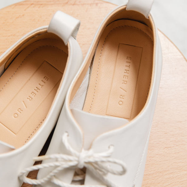 white leather oxford lace up derby glove flat ballerina either or