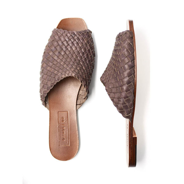 either or woven slide sandal umber top view side view