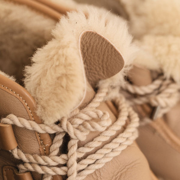 tan nude natural leather lace up shearling moccasin boot crepe sole premium side natural leather welt lace detail