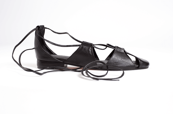 ghillie lace up black leather lace up cage flats sandals side product view