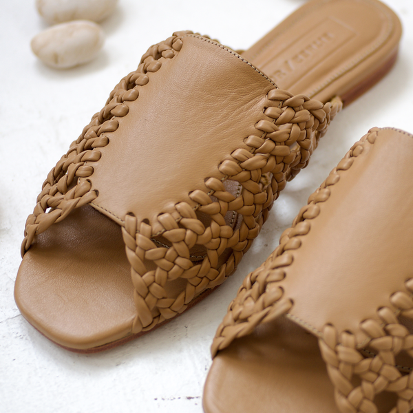 rattan sandal woven basketweave slide sandal in natural tan leather square detail view