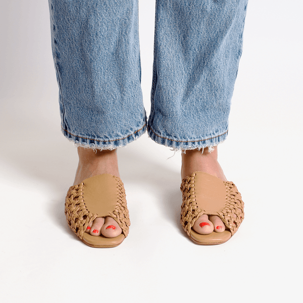 rattan sandal woven basketweave slide sandal in natural tan leather front view