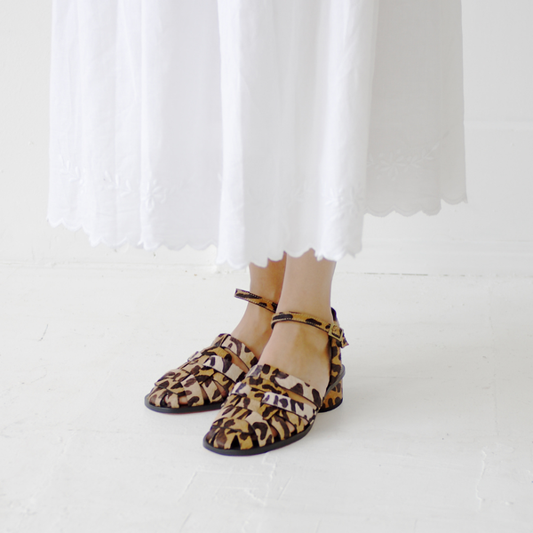 fisher heel leopard calf hair premium leather block heeled sandal on the foot