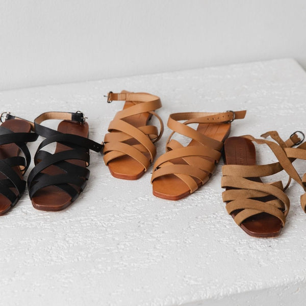 either or criss cross minimal slide sandal moss taupe suede tan black
