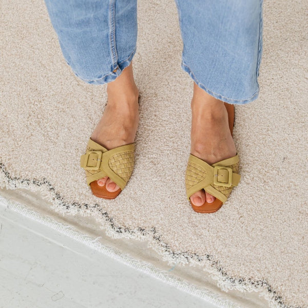 either or woven buckle slide sandal vintage handmade green top view on the foot