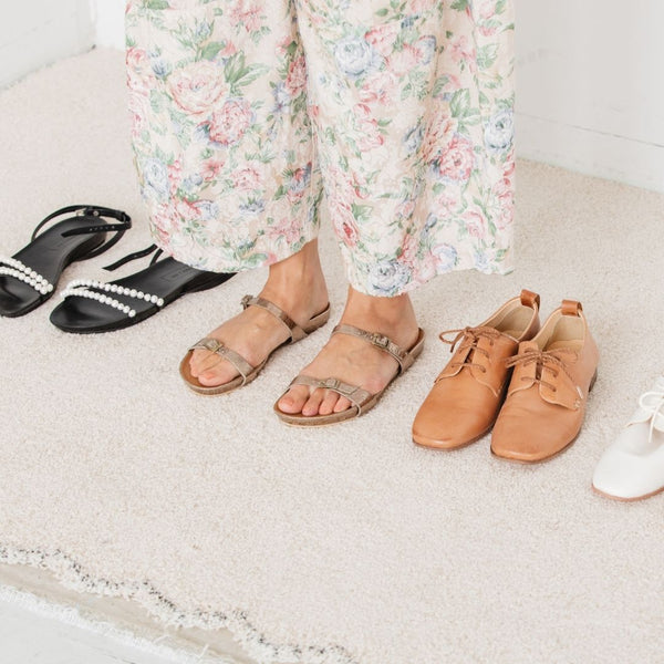 Metallic cork footbed sandal minimalist two buckle strap slide on the foot square