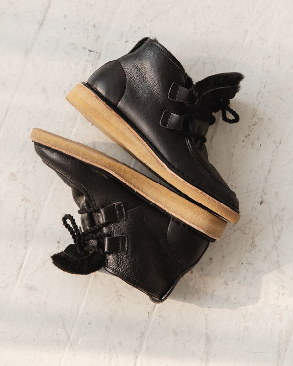 black leather lace up shearling moccasin boot crepe sole premium detail square
