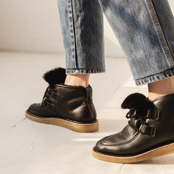 black leather lace up shearling moccasin boot crepe sole premium fur ugg