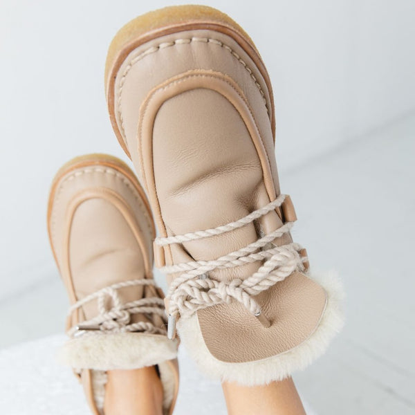 tan nude natural leather lace up shearling moccasin boot crepe sole premium side natural leather welt