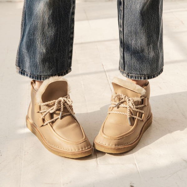 tan nude natural leather lace up shearling moccasin boot crepe sole premium side natural leather welt comfy fur