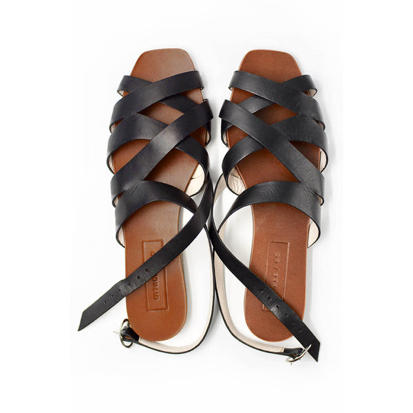 either or criss cross minimal slide sandal black premium leather square toe