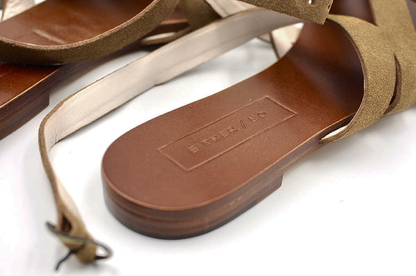 either or criss cross minimal slide sandal moss taupe suede ethical brand