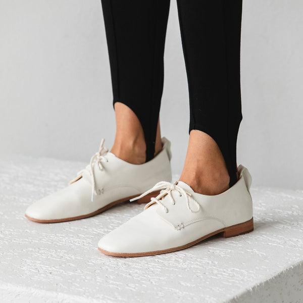 white leather oxford lace up derby glove flat ballerina rope lace