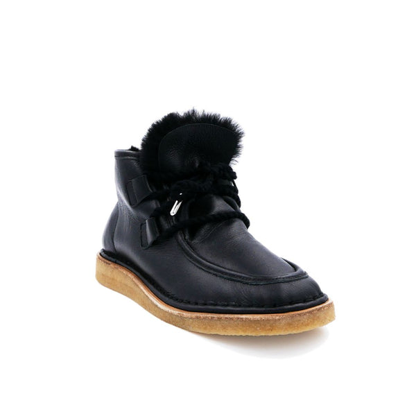 black leather lace up shearling moccasin boot crepe sole premium on the foot